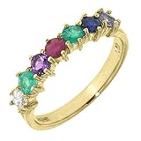 LBG 9ct Yellow Gold Ladies Diamond Emerald Amethyst Ruby Sapphire & Tanzanite Dearest Eternity Ring - Size Q