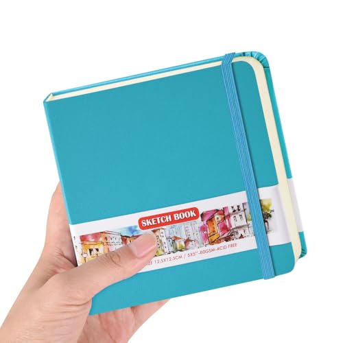 Square 5x5 inches 80gsm 96sheets/192 Pages Notebooks Blank Sketchbooks Travel Journal Pocket Hardcover Paint Writing Diary Memo Planner PU Leather Cover. Lake Blue