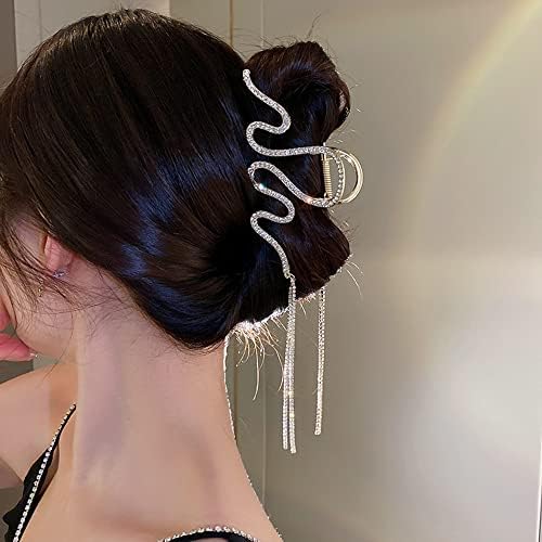 Jumwrit Large Rhinestone Hair Claw Big Wave Hair Clip Strong Hold Metal Hair Clip Long Tassel Chain Hair Claw Non Slip Hair Clamp Fashion Hair Claw Clip for Thick Hair(Gold)