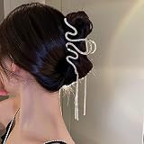 Jumwrit Large Rhinestone Hair Claw Big Wave Hair Clip Strong Hold Metal Hair Clip Long Tassel Chain