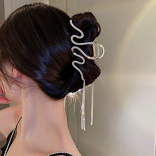 Jumwrit Large Rhinestone Hair Claw Big Wave Hair Clip Strong Hold Metal Hair Clip Long Tassel Chain Hair Claw Non Slip Hair Clamp Fashion Hair Claw Clip For Thick Hair(Gold) #TOP10