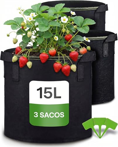 Bolsa de Cultivo para Plantas 15L - 3 Bolsas para Plantar de Tela no Tejida con Etiquetas - con Asa - Maceta Geotextil para Hierbas, Flores, Fresa