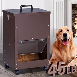 Automatic Dog Feeder Large Breed Outdoor 45lbs Dog Food Dispenser for Large Dogs Self Feeding Galvanized Metal Dogs Pets Feeder Gravity Food Feed with Wheels (Brown)