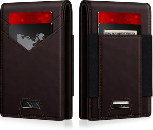 Image of Contacts Slim Leather Bifold for Men | RFID Blocking Card Holder with ID Window | Holds 13-17 Cards, Large Cash Slot | Thin Minimalist Front Pocket Design | Gift for Men (Brown)