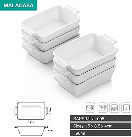 MALACASA, Series Bake.Bake, 190ML Mini Ramekins, Porcelain White Ramekins Dishes, Square Souffle Dishes Brulee Dish Baking Dishes with Double Handle, 15 x 8.5 x 4 cm, Set of 6