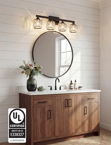 Image of VOLISUN Crystal Vanity Lights for Bathroom, 4 Light Bathroom Vanity Light, Modern Matte Black Bathrooms Light Over Mirror, Black Bathrooms Lights Fixtures-UL Certificated(Exclude Bulb)