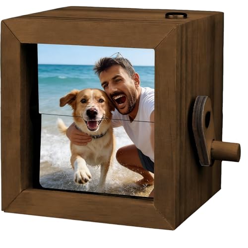 LOVEVEN Personalized Hand Crank Photo Album Custom Wooden Flip Book with LED Light