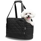 Lightweight Dog Purse Carrier for Small Dogs up to 15 lbs, Dog Tote Bag Puppy Carrier, Soft Plush Interior, Safety Leash Clip, 4 Side Pockets Dog Carrier Bag for Travel & Walking, Black