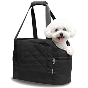 Lightweight Dog Purse Carrier for Small Dogs up to 15 lbs, Dog Tote Bag Puppy Carrier, Soft Plush Interior, Safety Leash Clip, 4 Side Pockets Dog Carrier Bag for Travel & Walking, Black