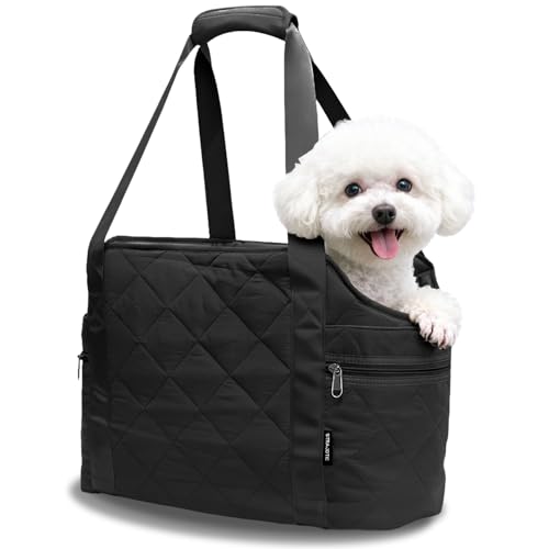Lightweight Dog Purse Carrier for Small Dogs up to 15 lbs, Dog Tote Bag Puppy Carrier, Soft Plush Interior, Safety Leash Clip, 4 Side Pockets Dog Carrier Bag for Travel & Walking, Black
