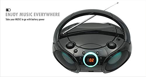 SINGING WOOD, CD Player Boombox, CD/CD-R/CD-RW, Portable w/Bluetooth, USB, AM/FM Radio, Aux Line-Input, Headset Jack, Foldable Carrying Handle and LED Light (Phantom Black) - Thumbnail 6