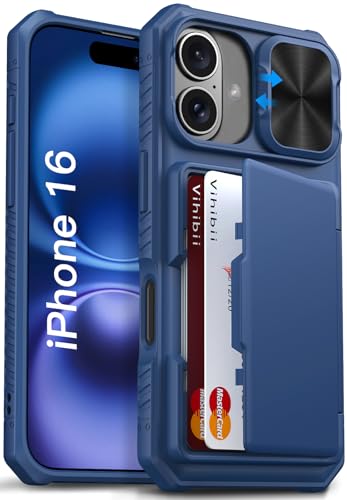 Image of Vihibii for iPhone 16 Wallet Case with Card Holder (4 Cards) [RFID Blocking] & Slide Camera Cover & Raised Edges Protect Screen, Shockproof Rugged Phone Case for iPhone 16 6.1 inch 2024, Blue