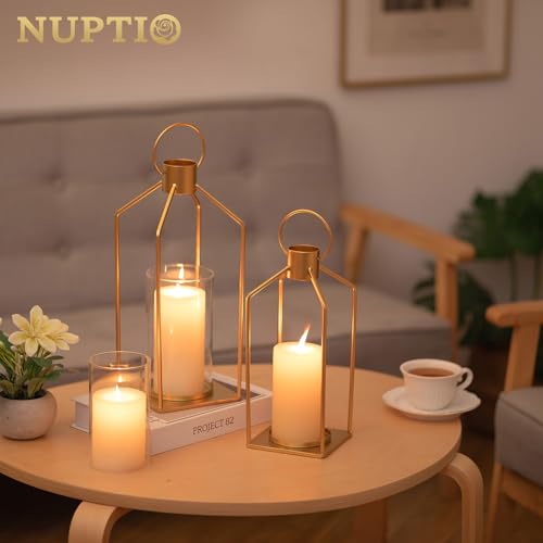 NUPTIO Gold Lanterns Decorative Indoor: 2 Set of Hanging Metal Candle Lantern with Bottomless Hurricane Glass for Wedding Home Front Porch Outdoor Living Room Fireplace Christmas Table Centerpiece