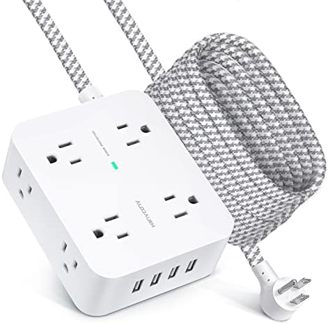 Surge Protector Power Strip, 10 Ft Long Braided Extension Cord with 8 AC Outlets and 4 USB Charging Ports, Flat Plug, Wall Mount, Desk USB Charging Station for Home Office College Dorm Room Essentials