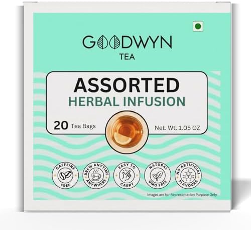 Goodwyn Assorted Herbal Infusion Tea (20 Tea Bags) Combo with Hem Palo Santo Incense Sticks (120 Sticks, 6 Boxes Inside) - 9 Inches Long, 20g per Box - Perfect for Meditation, Eradicate Negativity On - 2