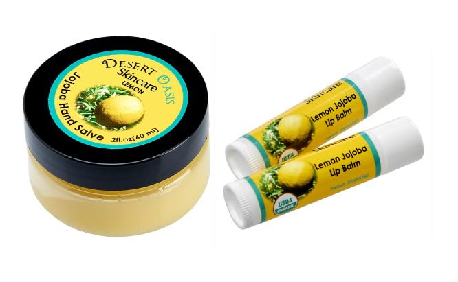 Lemon Hand Salve with over 50% Jojoba Oil plus 2 Organic Lemon Lip Balms with over 70% Jojoba Oil. 100% Natural. By Desert Oasis Skincare (1 fl oz/29 ml)