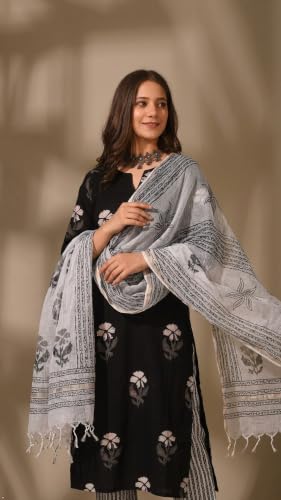 Image of Royal Export Women Floral Printed Black Straight Salwar Suit Set || Kurta Sets for Woman | Kurta Trouser Sets| Ethnic Set, Casual, Office Wear Kurta Set |Black
