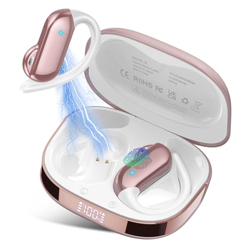 Image of Open Ear Earbuds Wireless Bluetooth 5.4 HiFi Stereo Earbuds with Ear Hooks | 32H Open Ear Headphones with ENC Noise Cancelling, IPX7 Waterproof Sport Over Earbuds for Running /Gym /Workout, Apricot Pink