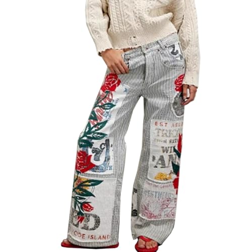 Women's Summer Wide Leg Barrel Jeans Striped Vintage Floral Bell Bottoms with Cherry & Rose Patchwork Jeans