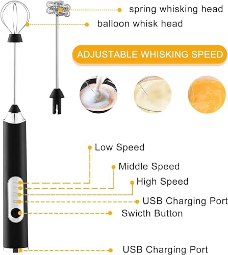 ماكينة صنع رغوة كهربائي قابل لإعادة الشحن من انيوي، ماكينة صنع رغوة حليب محمولة باليد، أداة خلط مشروبات بخفاقات ستانلس ستيل بـ 3 سرعات قابلة للتعديل لصنع رغوة الكابتشينو (لون أسود)