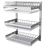 KQWBEWQ Wall Dish Rack,Punch-Free Dish Drying Rack Wall,3 Tier Stainless Steel Drain Rack, Kitchen Rack for Dishes with Stretchable Drip Tray .for Kitchen Dish Organizer.