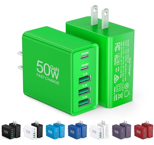 Image of USB C Wall Charger, 50W USB C Charger Block 5-Port PD Fast Charging Blocks,USB A Multiport Plug Brick Cube,Dual Type C Power Adapter for iPhone 17 /16 /15 /14 /13 /Pro,iPad,Samsung,for Switch(Green 2-Pack)