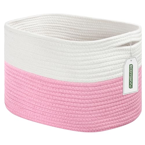 Image of ECDYQXVU Cotton Rope Shelf Storage Basket, 15x10x9 in, Shelf Storage Baskets for Clothes, Towels, Books, Laundry (White/ Pink, 1 Pack)