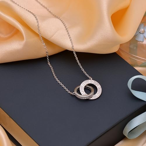 925 Sterling Silver Interlocking Circle Pendant Necklace for Women, 24K Yellow White & Rose Gold Plated, Adjustable Cable Chain with Cubic Zirconia, Minimalist Jewelry Gift3