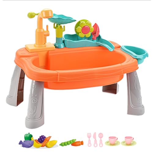 Image of Kitchen Sink Toys, Kids Play Sink with Running Water Toddler Toys for Pretend House Role Play Kitchen Toy with Small Table, Faucet, Fishing Toys, Dishwasher with Water Cycle System Toys for Boys Girls