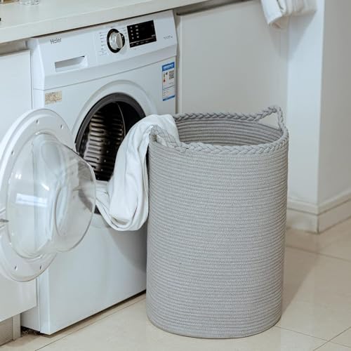 Image of ALBY Woven,Tall Wicker Laundry Basket for Blankets,Clothes,Pillows,Toys,Shoes Large Cotton Laundry Hamper for Bedroom Living Room Bathroom Nursery (72L /Extra Large16 inchD x 22 inchH, PURE GREY)