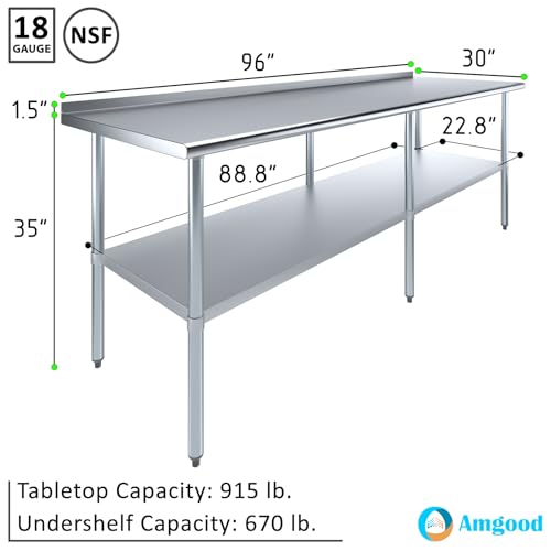 Image of AmGood Stainless Steel Work Table | Metal Utility Table (96 inch Long x 30 inch Deep)