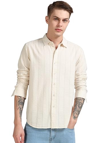 Image of StitchX Men's Full Sleeve Textured Casual Spread Collar Shirt