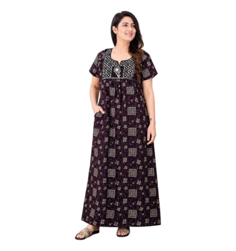 Image of Women's Pure Cotton Maxi Nighty, Jaipuri Embroidery Print, Short Sleeve Night Gown with Pocket