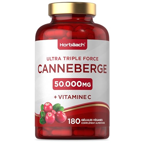 Cranberry Gelules 50000 mg avec 200mg Vitamine C | Extrait de Cranberry Haute Résistance avec Vitamine C | 180 Vegan Gélules de Poudre | par Horbaach