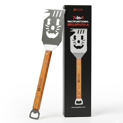GRILLION Stainless Steel Grill Spatula for Outdoor Grill 7-in-1 BBQ Spatulas Turner Fork & Tongs Heavy Duty Metal Grilling Spatula with Bottle Opener Multifunctional Barbecue Grilling Tool