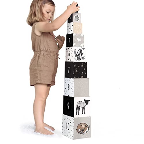 Wee Gallery Nesting Blocks - Baby Animals and Numbers - Black and White Stacking and Building Toy for Toddlers and Kids - Motor Skills, Creative Play and Problem Solving for Children (Ages 2 and up)