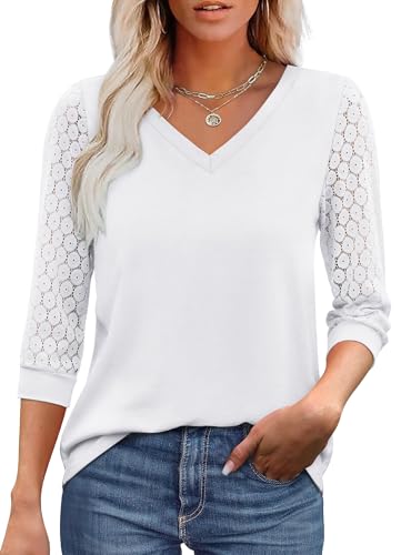 White Blouse for Women 3/4 Lace Sleeve Business Casual Tops Trendy School Outfits for Teachers V Neck T Shirts Summer Tops for Women M