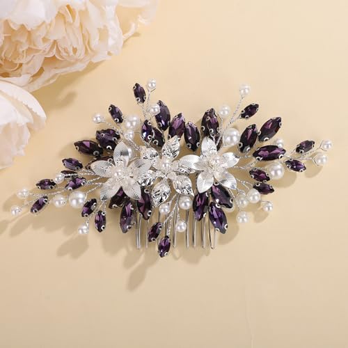 Rumtock Silver Flower Pearl Beads Purple Hair Comb with Rhinestones Beads Wedding Bridal Bridesmaid Handmade Hair Accessories (Purple)