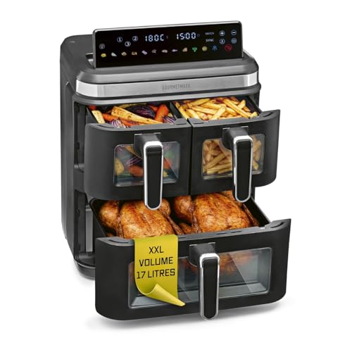 GOURMETmaxx FryUp3 Friteuse à air chaud verticale 3 chambres | Friteuse à air chaud XXL 17 litres | Airfryer avec écran tactile rabattable, 12 programmes Onetouch, fenêtres de visualisation | Friteuse