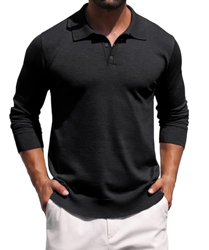Hisir - Jersey de punto para hombre con cuello polo, de manga larga, suéter básico de un solo color, de negocios, para otoño e invierno, Negro , XL