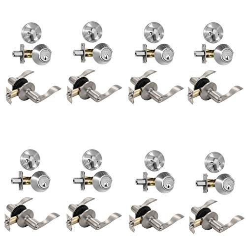 Lowest Price Dynasty Hardware CP-HER-US15, Heritage Front Door Entry Lever Lockset and Single Cylinder Deadbolt Combination Set, Satin Nickel, (8 Pack) Keyed Alike