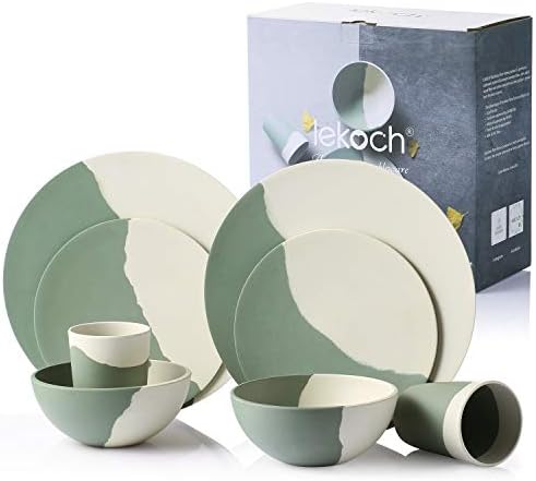 LEKOCH 8 pcs Green&White Reusable Bamboo Fiber Dinnerware Ca...