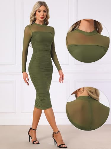 Image of Allegra K Mesh Dress for Women Long Sleeve Mock Neck Ruched Bodycon Dresses | Ruched, Lightweight Stretchy Mesh Sheer, Evening, Cocktail, Party Club