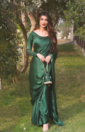 Image of FABIAN FASHION Women's Solid Japan Satin Silk Saree With Unstitched Blouse Piece for Wedding Saree