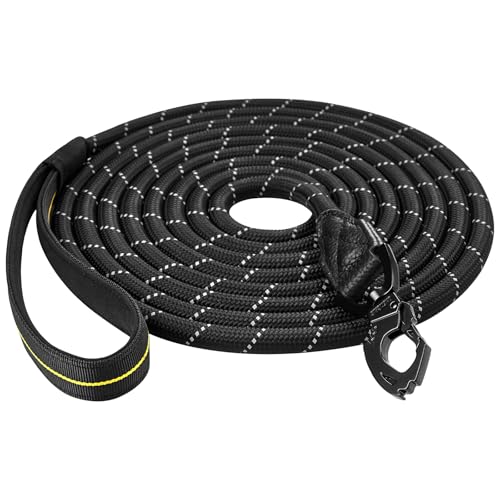 OneTigris Schleppleine 10m, ø12mm Eindicken Hundeleine mit Bequemen Gepolsterter Griff und Reflektoren für mittelgroße und große Hunde Schwarz L