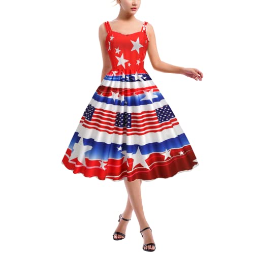 Image of Women Dress American Flag Print Vintage Maxi Dress