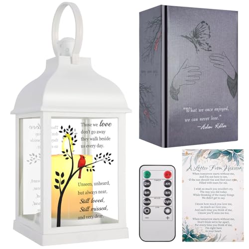 Memorial Lantern with Card - Sympathy Gift for Loss of Mom/Dad/Loved One, Bereavement Keepsake with Flickering Flame, Memory Lamp for Funeral Remembrance or Celebration (White)