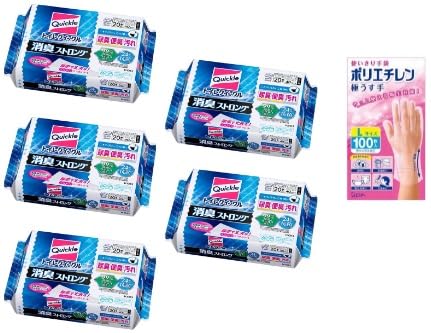 【使い捨て手袋セット】トイレクイックル 消臭ストロング フレッシュハーブの香り つめかえ用 (20枚×5袋)&ポリエチレン手袋 100枚セット (手袋Lサイズ)