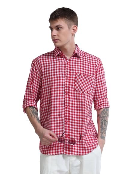 FashionDistrict Men's Gingham Check Casual Shirt | Premium Cotton Regular Fit Full Sleeve Shirt | Red White-picture-13