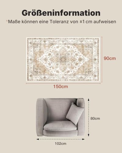 Amada Vintage Beige Teppich Wohnzimmer 90x150cm Waschbar – Ansicht 2